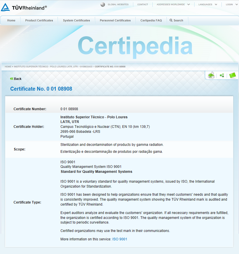 Certificado TUV Certipedia do LATR/UTR