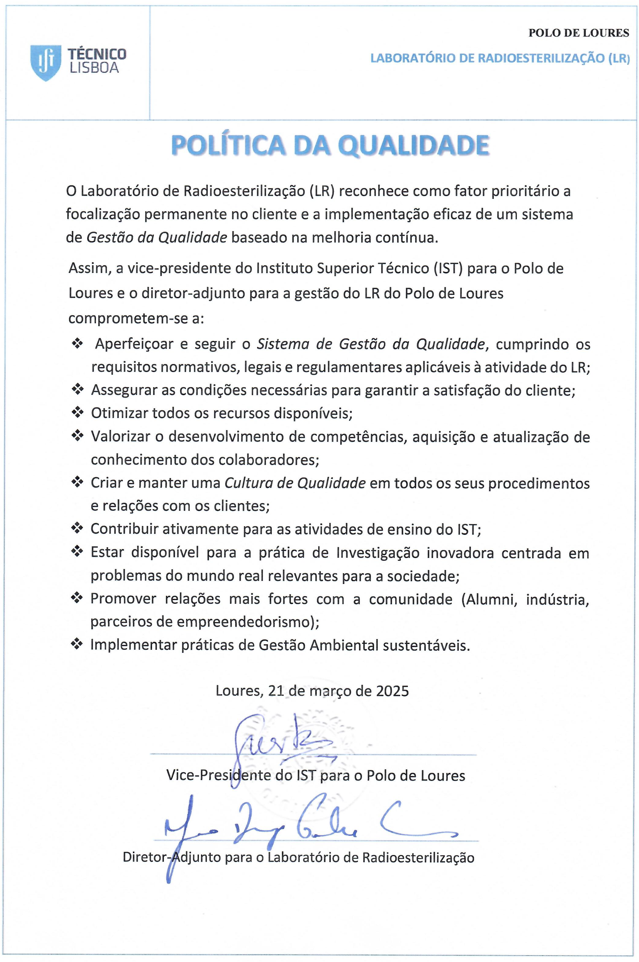 Documento da Política de Qualidade